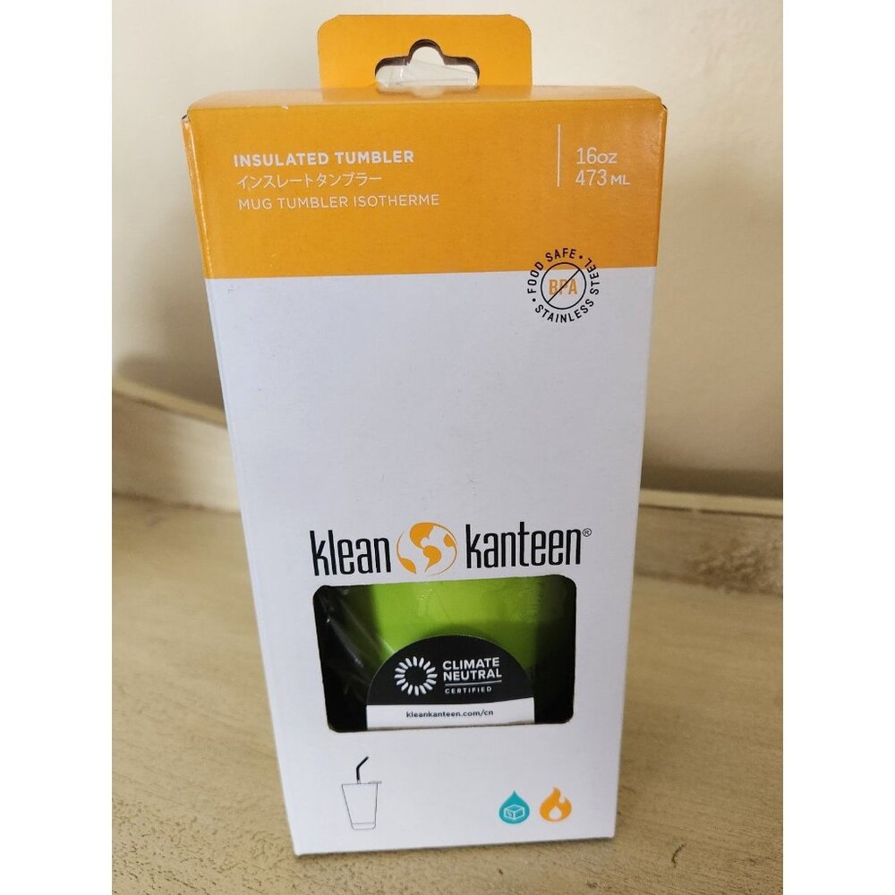 Klean Kanteen 16oz Insulated Stainless Tumbler with Straw. Green/ Juicy Pear